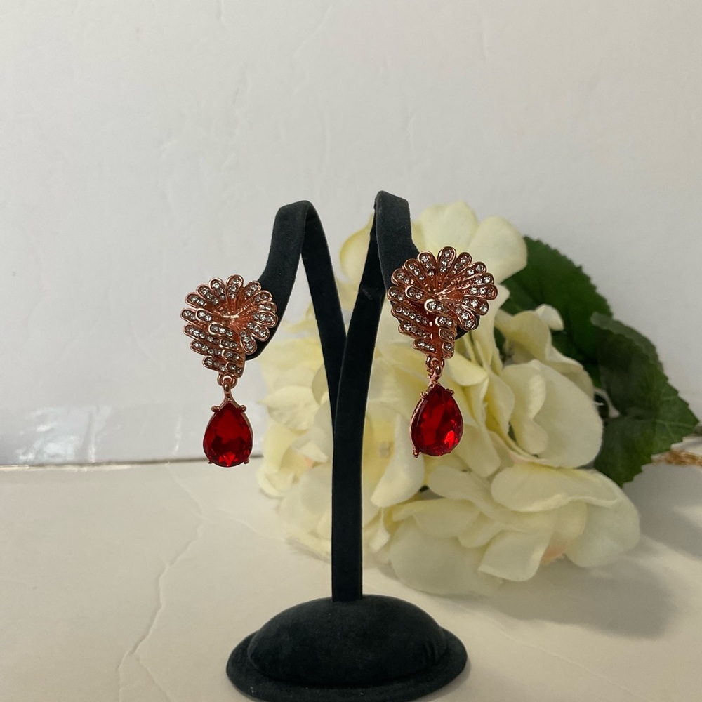Simulated Ruby Austrian Crystal Earrings In Rose … - image 1